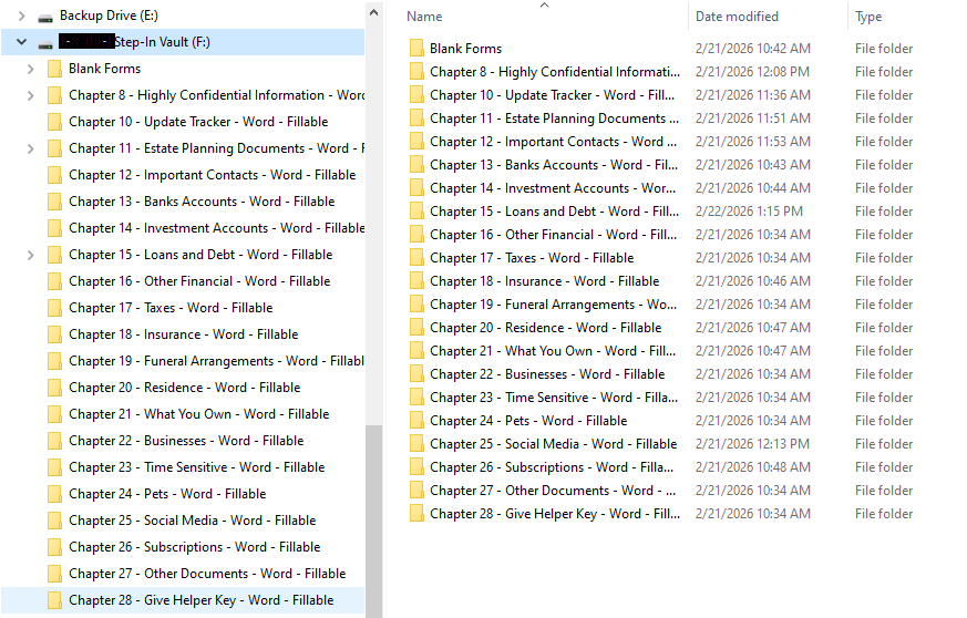 Electronic estate planning vault folder structure